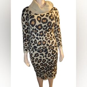 Size S,Midnight Velvet, leopard, cowl neck, heavy knit midi sweater dress